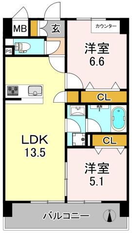 スクエアコート加美(2LDK/7階)の間取り写真