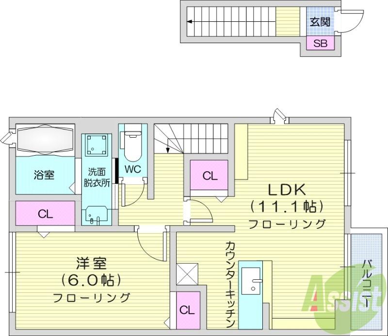 レジデンス安養寺(1LDK/2階)の間取り写真
