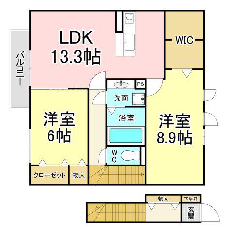 フローラ本城 C棟(2LDK/2階)の間取り写真