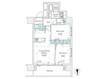 ハビテ本厚木(2LDK/12階)の間取り写真