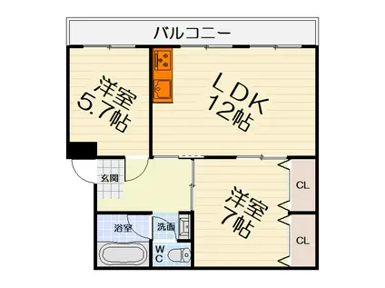 国土コーポ諏訪森(2LDK/5階)の間取り写真