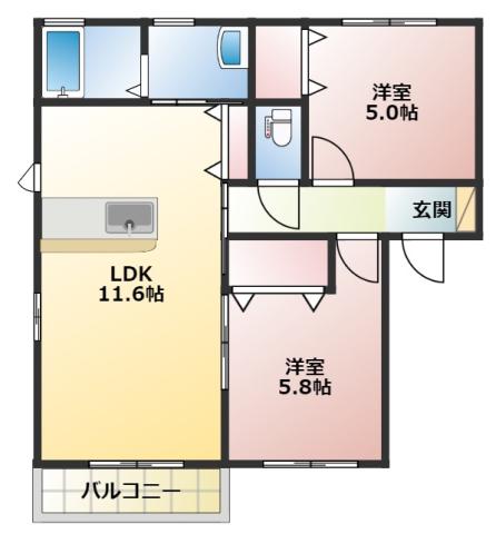 エスポアII(2LDK/2階)の間取り写真