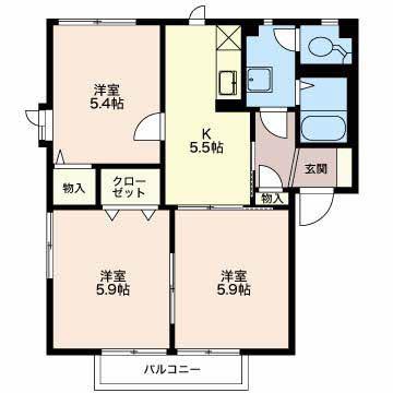 メゾン B棟(3K/1階)の間取り写真