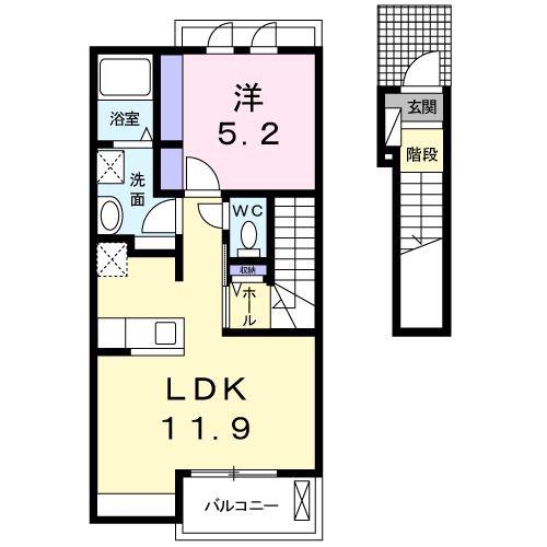 めぞんいちりやま(1LDK/2階)の間取り写真