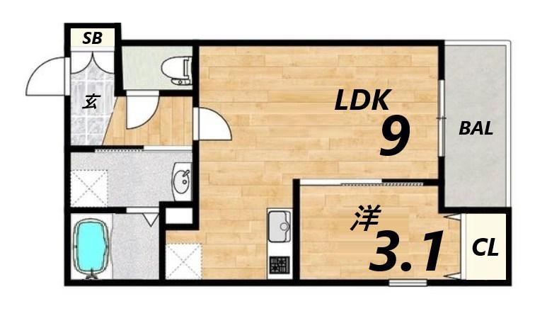 ザカラー東本町B棟(1LDK/1階)の間取り写真