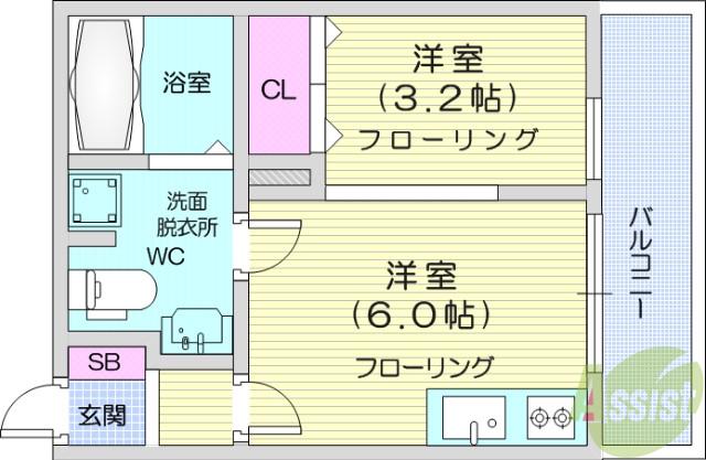 メリディアン国見弐番館(ワンルーム/2階)の間取り写真
