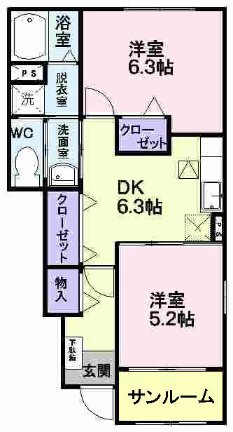 ラ・フルールB(2DK/1階)の間取り写真