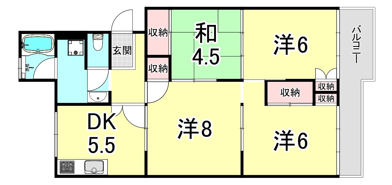 ＪＲ山陽本線 朝霧駅 徒歩36分 4階建 築50年(4DK/4階)の間取り写真
