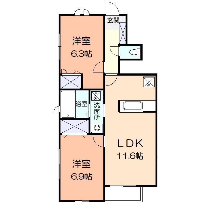 シャインヒルズB(2LDK/1階)の間取り写真