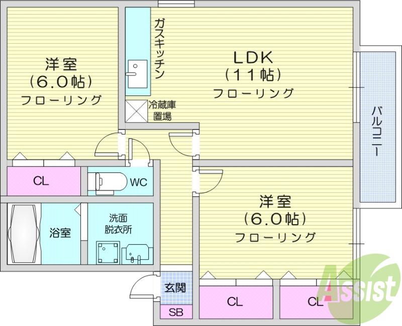 ウィルモアA(2LDK/2階)の間取り写真