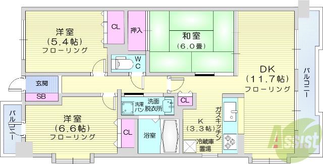 東仙台六番館(3LDK/3階)の間取り写真