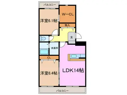 ユニヴェール(2LDK/2階)の間取り写真