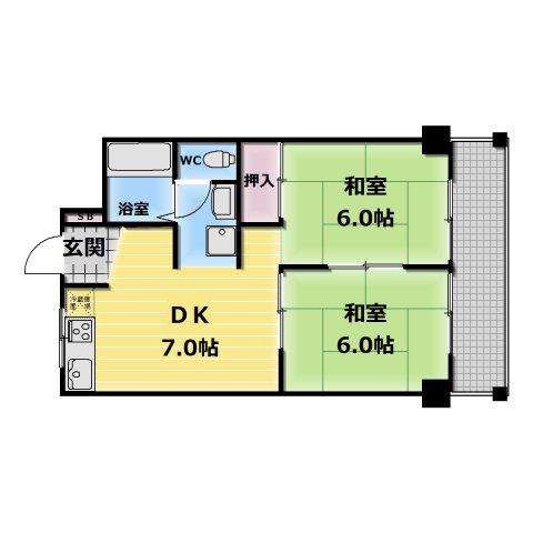 サンハイツ大和(2DK/2階)の間取り写真