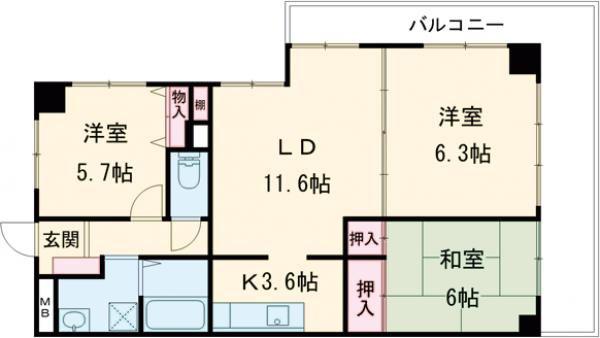 サザンヒルズ学園前5番館(3LDK/3階)の間取り写真