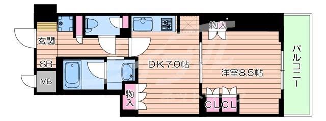 ルネフラッツ谷町四丁目(1DK/6階)の間取り写真
