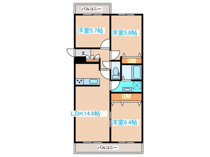BRO北野(3LDK/3階)の間取り写真