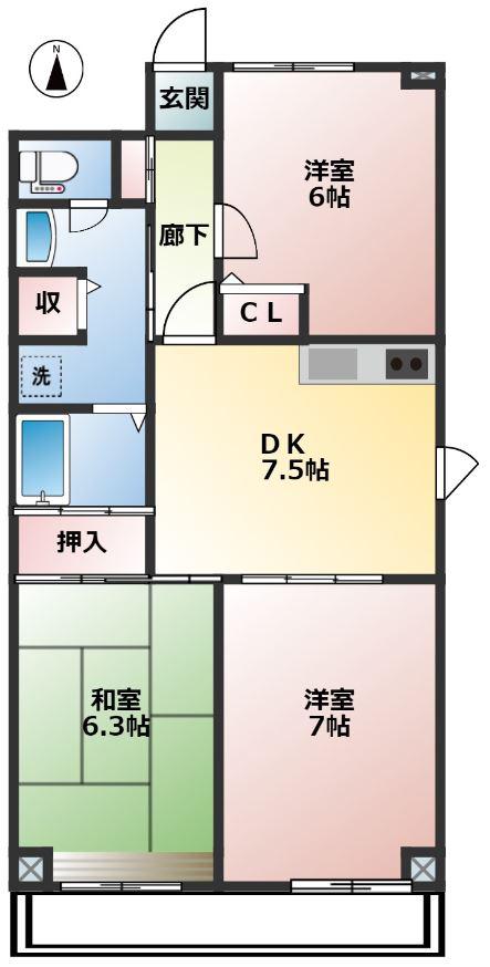 グランドール神谷(3DK/9階)の間取り写真