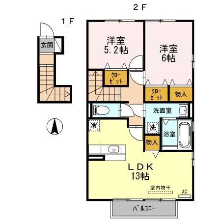 ウィステリア・フィールドB棟(2LDK/2階)の間取り写真