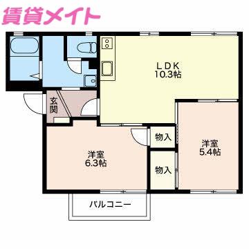 パラッツォ日永西 B棟(2LDK/2階)の間取り写真