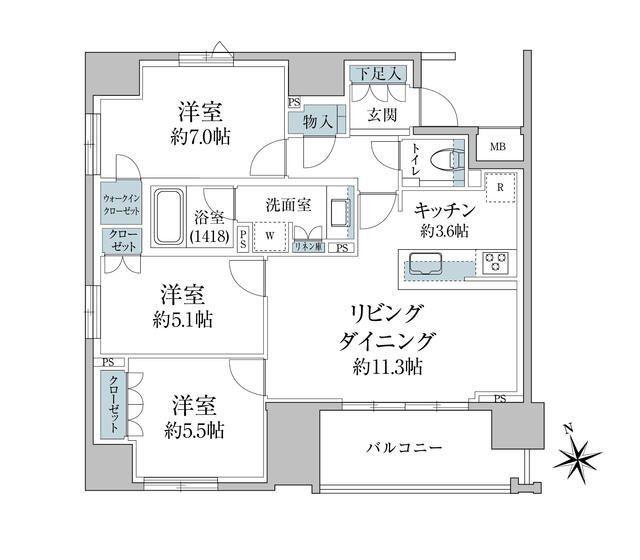 グランスイート八丁堀(3LDK/3階)の間取り写真