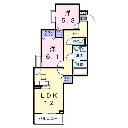 ユニゾン安満 A棟(2LDK/2階)の間取り写真
