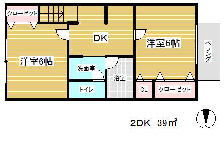 リバーサイド山手 B棟(2DK/2階)の間取り写真