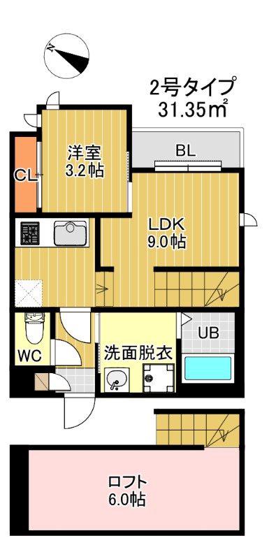 GRキャスバルクォーレ二日市(1LDK/2階)の間取り写真