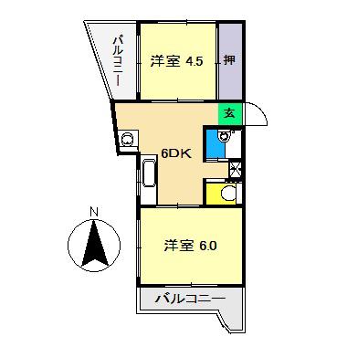 スカイパレス二葉(2DK/4階)の間取り写真