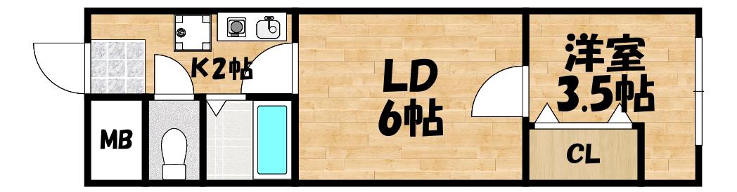 地下鉄千日前線 南巽駅 徒歩3分 4階建 築61年(1LDK/2階)の間取り写真