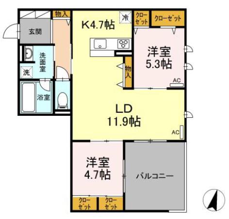 DL グレイスコートヤマト(2LDK/2階)の間取り写真