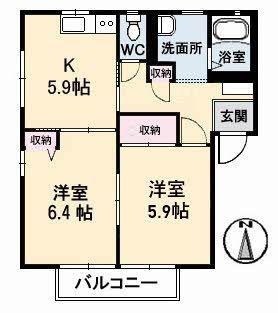 ロンクー A棟(2K/2階)の間取り写真