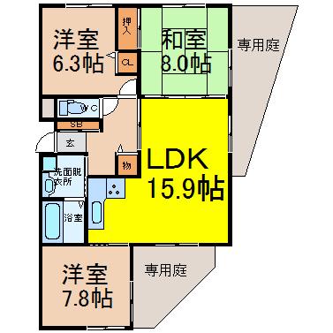 タウン唐山F棟(3LDK/1階)の間取り写真