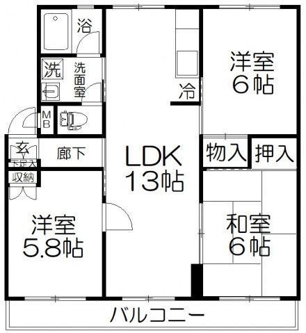 第2西形マンション(3LDK/2階)の間取り写真