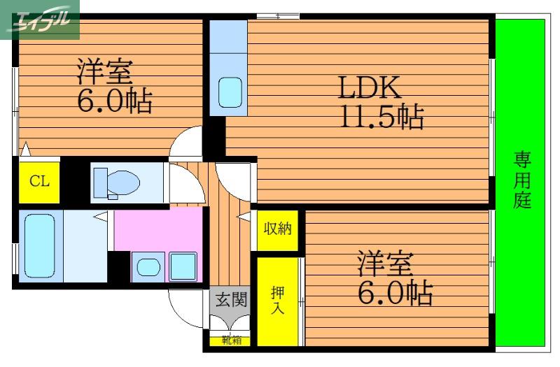 ヴィラアフェクションB棟(2LDK/1階)の間取り写真