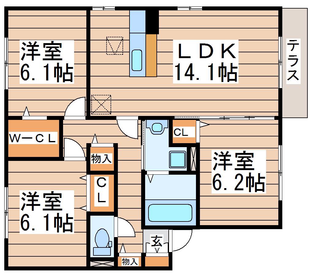 ボヌール・ヒルズ市名坂C(3LDK/2階)の間取り写真