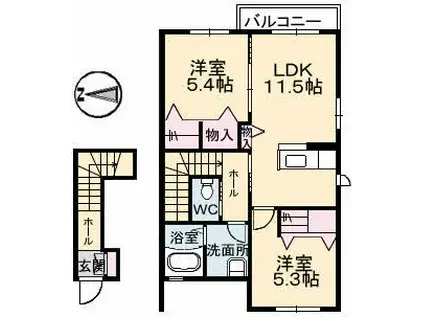 メゾン・ジュイエ B棟(2LDK/2階)の間取り写真