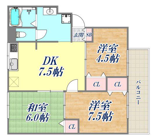 シティコート西難波(3DK/1階)の間取り写真