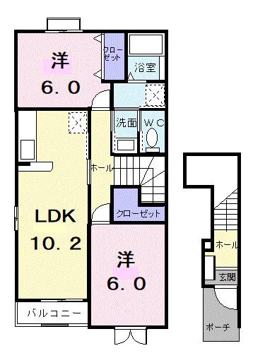 スイートピー・テラスハウスA(2LDK/2階)の間取り写真