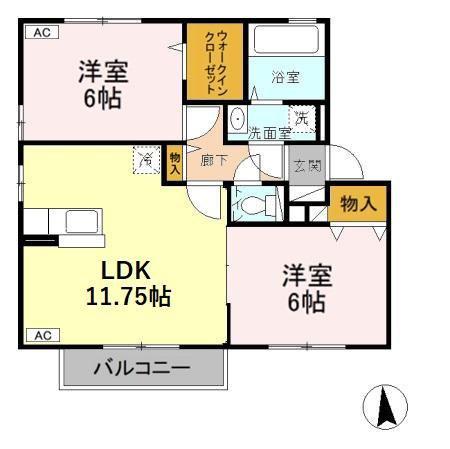 ロイヤル川木谷D棟(2LDK/2階)の間取り写真
