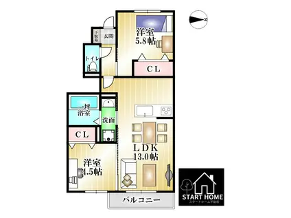 オリエンタルコート南田宮(2LDK/1階)の間取り写真