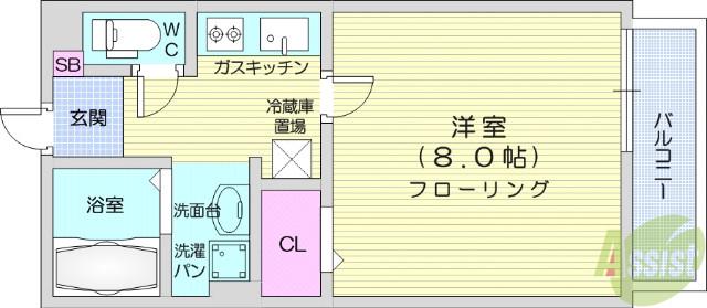 グリーンコート旭ケ丘(1K/1階)の間取り写真