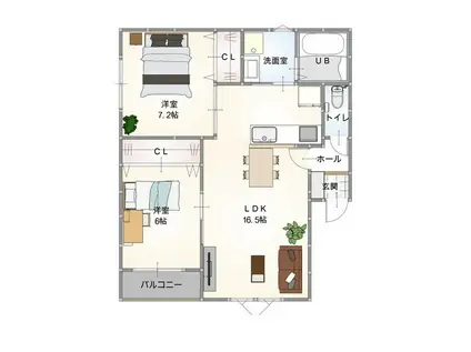 カテリーナ防府新橋 ウエスト(2LDK/2階)の間取り写真