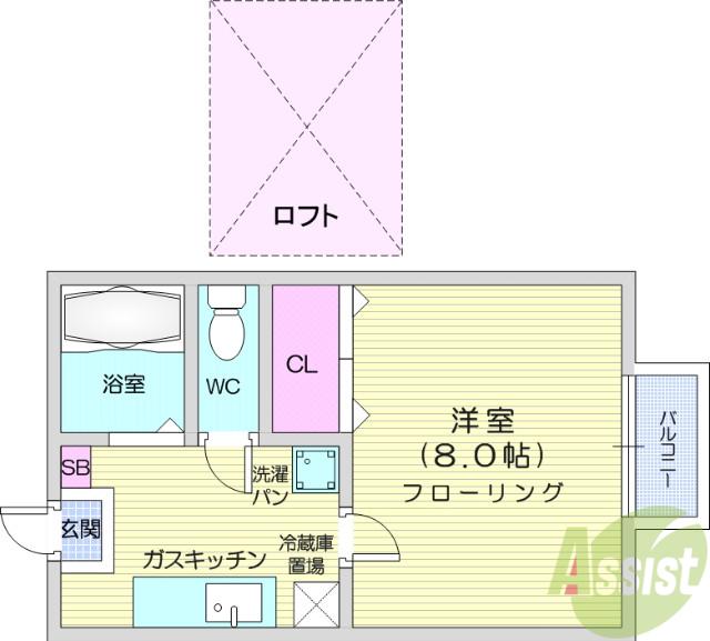 VINO若林(1K/2階)の間取り写真