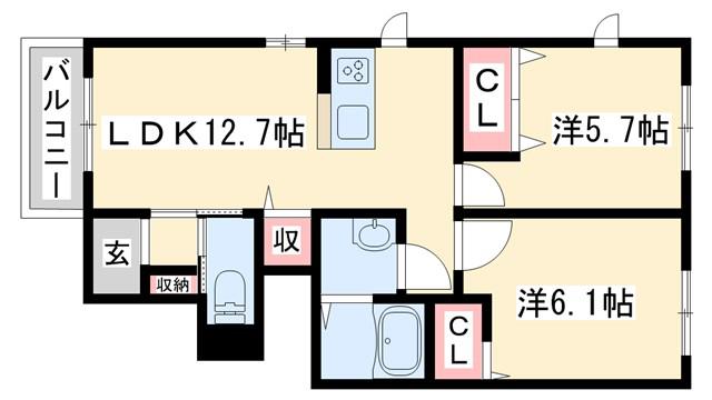 セントリビエ下滝野 B棟(2LDK/1階)の間取り写真