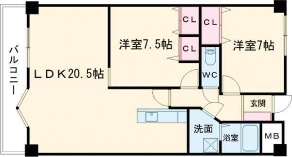 レイ・ブリック若園(2LDK/6階)の間取り写真