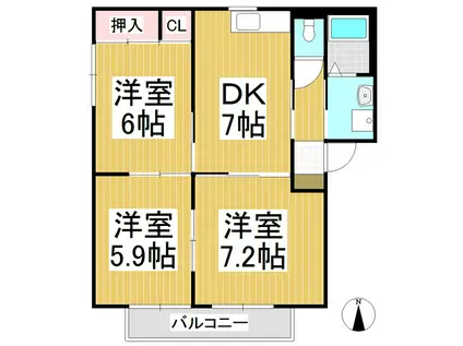 フェリックス・シュタットB棟(3DK/2階)の間取り写真
