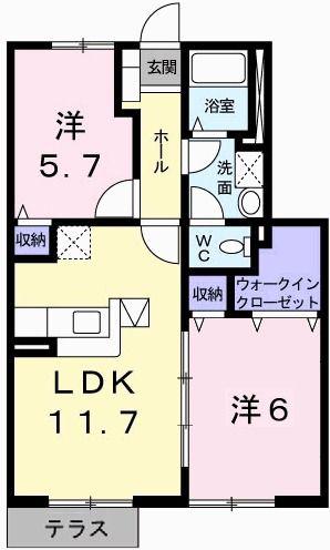 グランドゥールB(2LDK/1階)の間取り写真