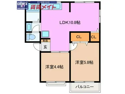 メゾン大国 B棟(2LDK/2階)の間取り写真