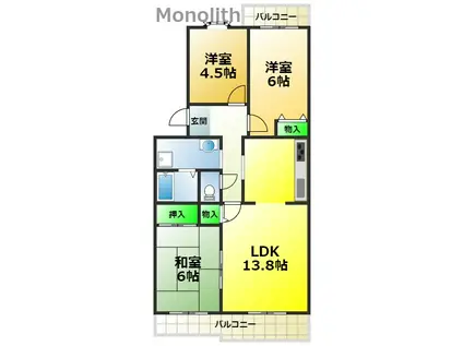 いぶき野三丁目9棟(3LDK/2階)の間取り写真