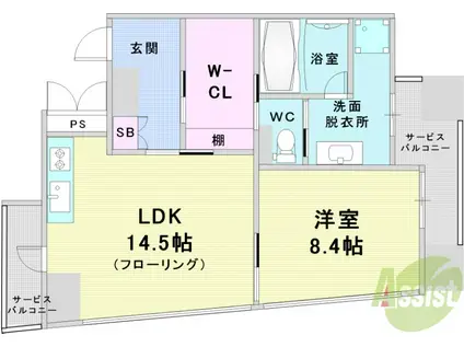 WOB西梅田(1LDK/9階)の間取り写真